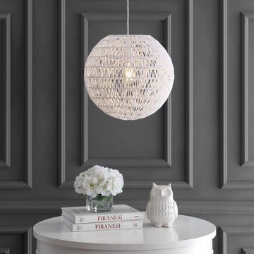 Luna 15.75" Bohemian Modern Woven Rattan/Iron LED Pendant - JONATHAN Y